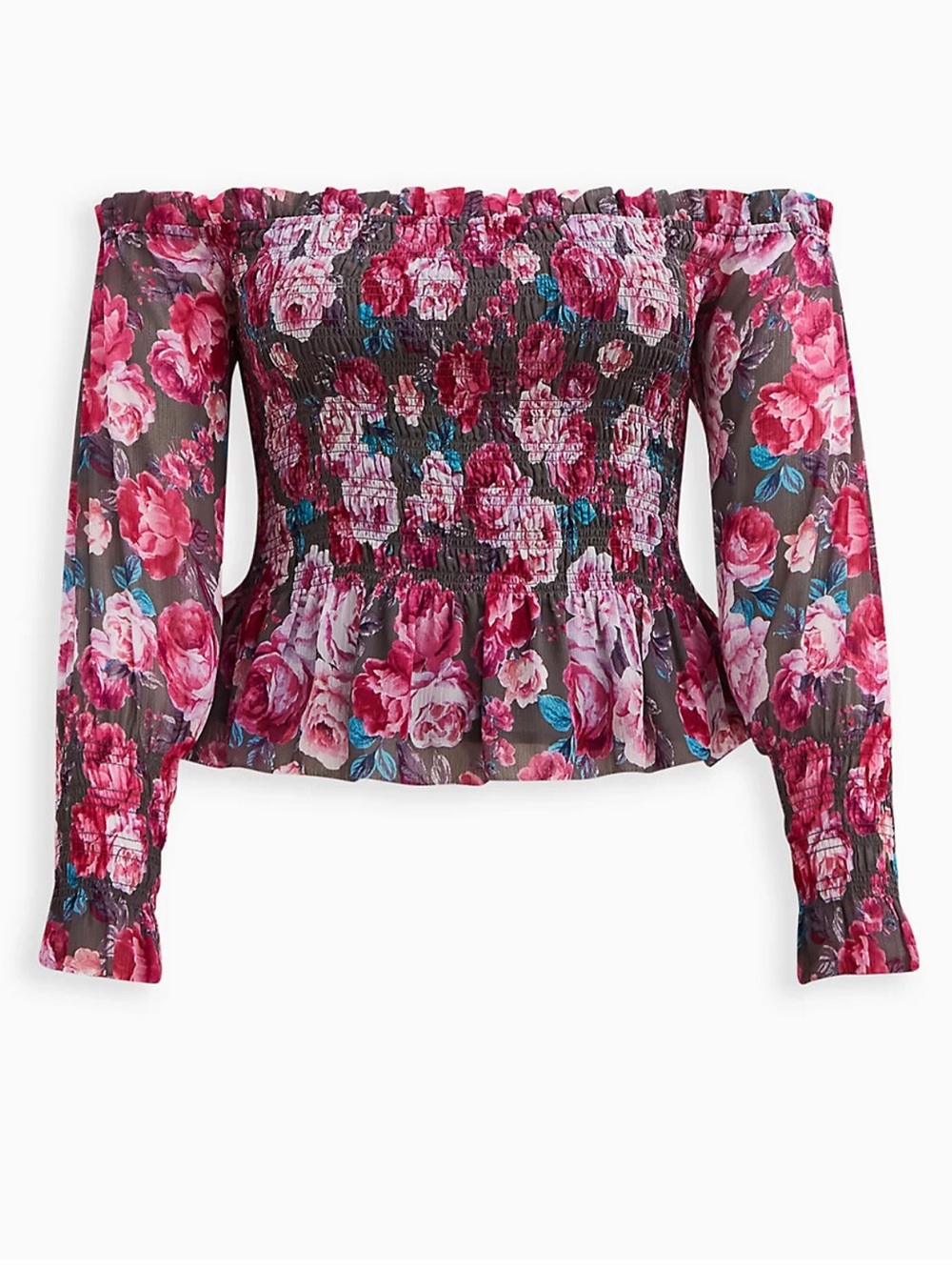 NWT Torrid Crinkle Chiffon Smocked Waist Off Shoulder Top Floral Grey SIZE 1X